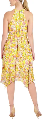 Miniatura 4 de BCBGeneration Vestido midi ajustado y acampanado con cuello halter elástico y dobladillo asimétrico, Libro de cuentos Floral