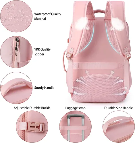 Miniatura 5 de Lubardy Mochila de viaje para laptop 40L, aprobada para vuelos, mochila de mano para hombres y mujeres, Grande, Viajes Rosa