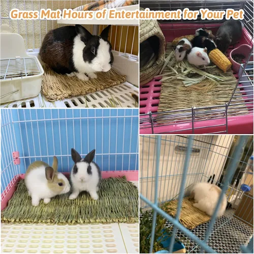 Miniatura 5 de Alfombrilla de césped tejida para animales pequeños, 5 tapetes de hierba, ropa de cama de conejo, nido, juguete para masticar, juguete para jugar