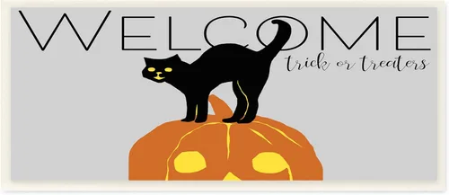 Stupell Industries Welcome Trick Or Treaters - Placa de pared con diseño de gato de Halloween, diseño de Nicholas Biscardi, 7 x 17 pulgadas, color