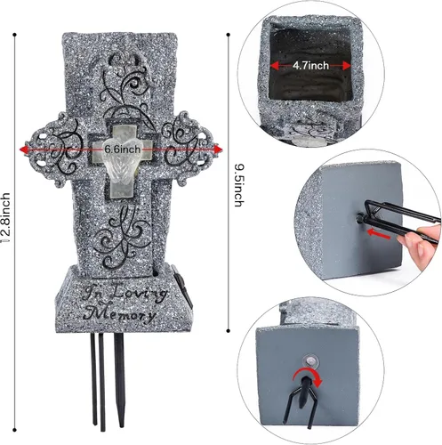 Miniatura 4 de HUYIENO Jarrón solar de cementerio con LED para flores frescas/artificiales, florero de cruz de flores de tumba, jarrones con pinchos, decoración