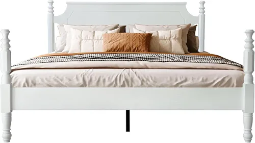 Miniatura 13 de Base de cama de plataforma de madera maciza tamaño King con cabecera y estribo, base de 12 listones fuertes, patas de metal, no necesita somier