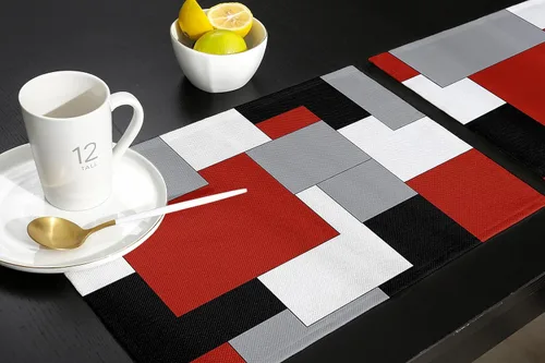 Miniatura 5 de Juego de 4 manteles individuales de color rojo, negro y gris, manteles individuales con aislamiento térmico antideslizantes, lavables, manteles