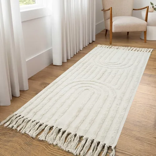Miniatura 13 de LEEVAN - Alfombra de camino estilo bohemio lavable 2 x 5 pies, tejida en color beige, de algodón para cocina rústica con borlas, alfombra de acento