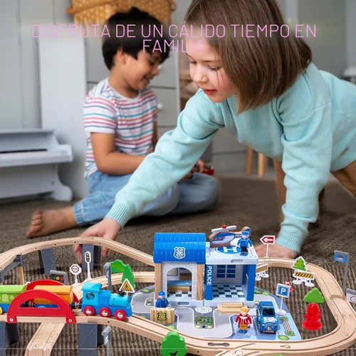 Miniatura 7 de Set de 102 piezas de tren de madera para niños pequeños, pista de tren de madera: ampliable y intercambiable, juguetes de tren educativos seguros