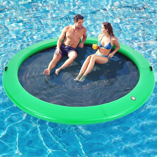 Miniatura 22 de 6-12FT Round Inflatable Floating Dock, Sunchill Float Ring, Water Hammock Tanning Pool Floats with Woven Fabric, Manual Pump for Quick Azul