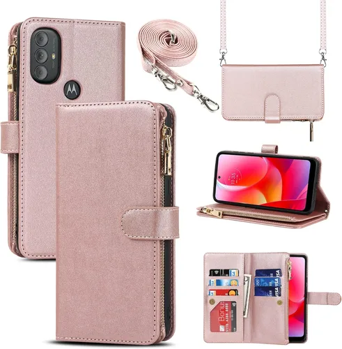 Funda para Motorola Moto G Pure (2021)/Moto G Power (2022)/Moto G Play (2023) Funda tipo cartera, [9 ranuras para tarjetas] Collar cruzado ajustable