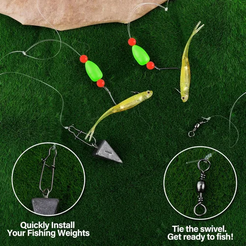 Miniatura 6 de Alwonder Paquete de 5 aparejos de pesca Pompano con flotadores Snell, aparejo giratorio de cebo vivo de agua salada, broches de presión de doble