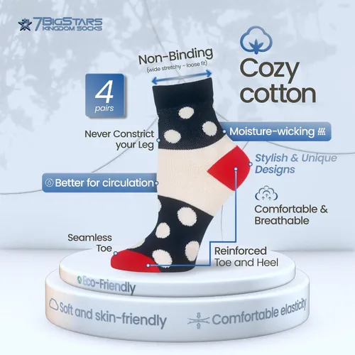 Miniatura 30 de 7BIGSTARS KINGDOM Women's Cotton Quarter Non-Binding Diabetic Fashion Socks-L-M-4 Pack-Multicolor