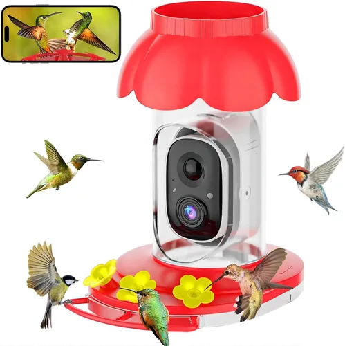 Comedero de colibrí con cámara, comedero inteligente inalámbrico para pájaros para ver video al aire libre, cámara AI con videos de captura