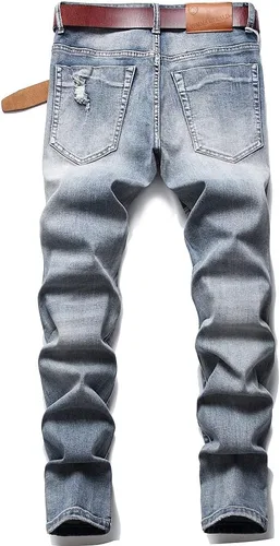 Miniatura 2 de XIMXIMMTIAN Jeans rectos para hombre, estilo motociclista, desgastados, desgastados, desgastados, rectos