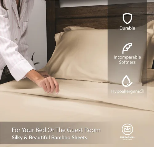 Miniatura 2 de Threadmill Juego de sábanas de rayón de bambú para cama de tamaño matrimonial, 4 piezas refrescantes color beige, suaves como la seda, ligeras