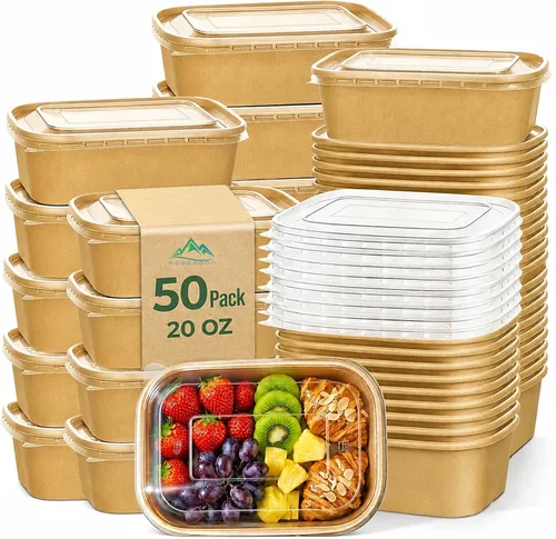 Kaderron Paquete de 50 tazones de papel grandes de 20 onzas con tapas, contenedor compostable desechable resistente para fiestas, cuencos