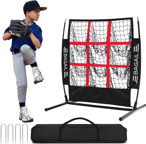 Red de lanzamiento de béisbol y sóftbol BAGAIL, red de lanzamiento de 9 bolsillos, red de lanzamiento portátil para el patio trasero con bolsa de