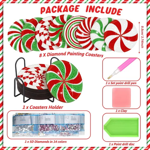 Miniatura 3 de Perthlin 8 Pcs Christmas Diamond Art Coasters Christmas Tree Candy Gnome Painting Coasters with Holder Painting Kit Green White Diamond Kits(Candy)