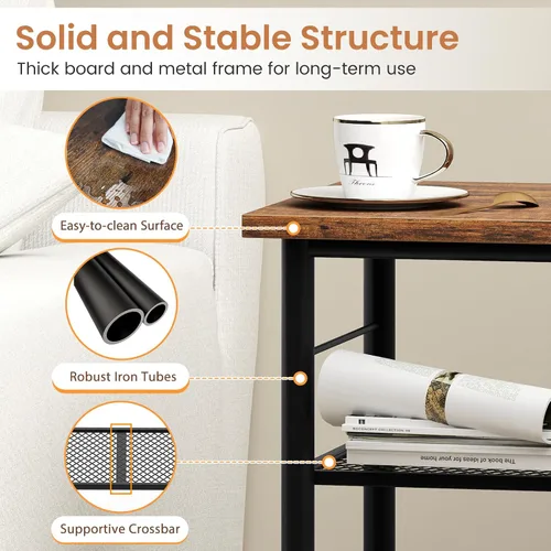 Miniatura 6 de GOFLAME Mesa auxiliar industrial de 3 niveles, mesita de noche con estante de metal de malla extraíble, almohadillas niveladoras ajustables, mesa