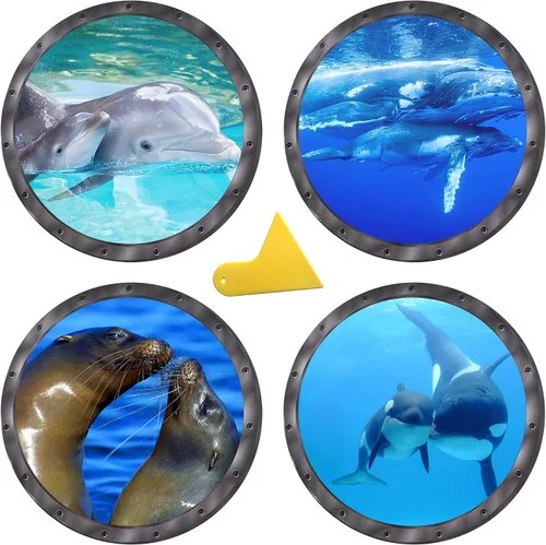 Miniatura 11 de Calcomanías adhesivas redondas 3D para ventana de ojo de buey de 11 pulgadas, tema oceánico (tortuga marina, tiburón, delfín), calcomanías vinuales