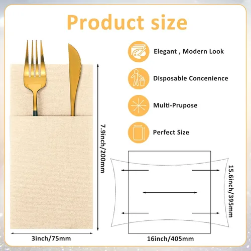 Miniatura 2 de Cindeer 150 piezas de servilletas de cena con sensación de lino champagne con bolsillo plano incorporado para cubiertos, preplegadas, servilletas