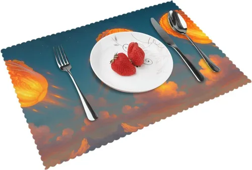 Miniatura 13 de Rectangular Placemats Set of 4, Heat Resistant Flower Doodles Printed Kitchen Dining Table Mats