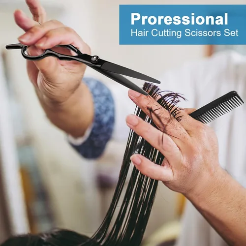 Miniatura 7 de Juego de 11 tijeras profesionales para el cabello, suministros de peluquería de acero inoxidable, incluyendo tijeras rectas, tijeras para adelgazar