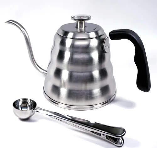 Miniatura 6 de Pour Over - Hervidor de café con termómetro de 1.2 litros, agarre de mano de cuello de cisne, acero inoxidable de primera calidad, cuchara de café