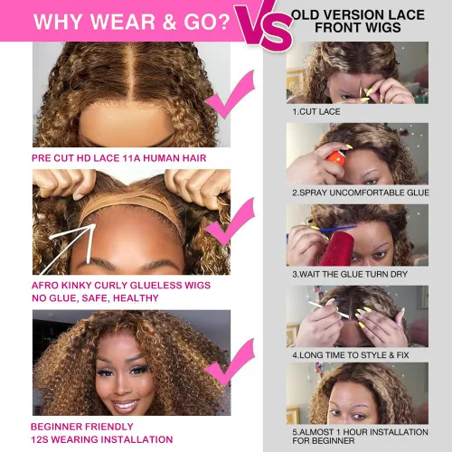 Miniatura 7 de Lealife Wear and Go - Peluca rizada estilo Bob sin pegamento, con reflejos degradados 4/27, peluca de encaje transparente precortada, peluca