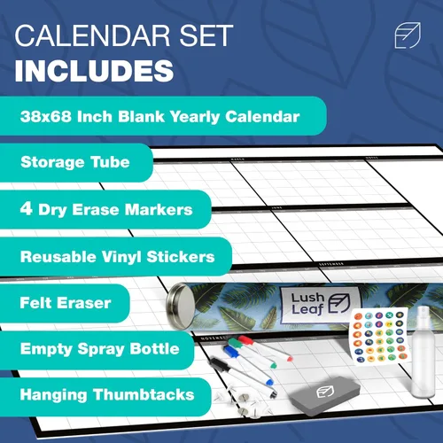 Miniatura 9 de Calendario grande de borrado en seco para pared, 38 x 68 pulgadas, sin fecha, anual, reutilizable, año completo de 12 meses, incluye marcadores