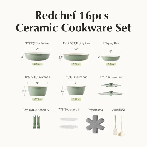 Miniatura 8 de Redchef Juego de sartenes y ollas antiadherentes de cerámica, juego de utensilios de cocina de cerámica con asas desmontables, 16 piezas, apto