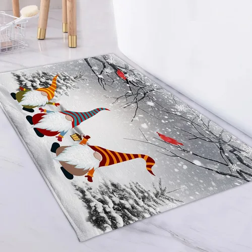 Miniatura 2 de HVEST Alfombras de baño de invierno, gnomos y cardenales en bosque nevado para decoración de baño, tapete antideslizante de mármol de nieve de Gris