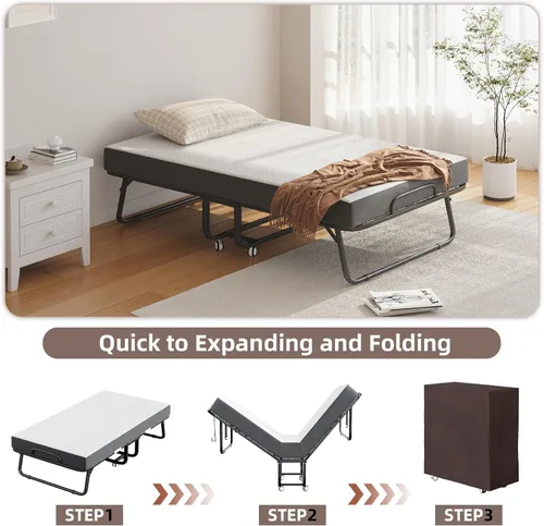Miniatura 4 de CAIYUN Cama Plegable con Colchón y Cubierta de Almacenamiento - Marco Tamaño Twin de 75"x38", Cama de Huéspedes Rodante Portátil con Colchón