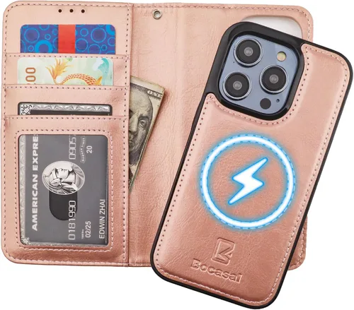 Miniatura 10 de Bocasal Funda tipo cartera desmontable para iPhone 14 Pro con bloqueo RFID, ranuras para tarjetas, soporte magnético de piel sintética de alta Negro