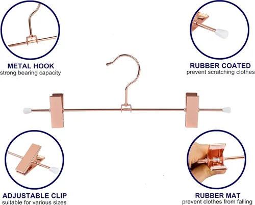 Miniatura 3 de Amber Home Paquete de 24 perchas de metal color oro cobre rosa de 12 pulgadas para pantalones con 2 clips antideslizantes ajustables y gancho