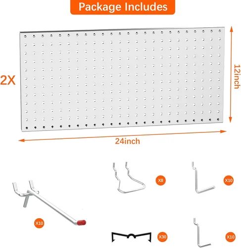 Miniatura 4 de TORACK Organizador de herramientas de pared de metal de 24 x 24 pulgadas o 12 x 48 pulgadas, 70 piezas de tablero de clavijas de almacenamiento