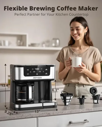Miniatura 2 de AIRMSEN Cafetera Dual Programable de 12 Tazas – Máquina de una sola porción para Cápsulas K-Cup y Café Molido, 1000W de Preparación Rápida, Inicio