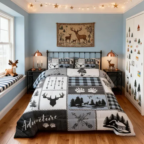 Miniatura 198 de Juego de edredón de cuernos de ciervo tamaño individual, juego de ropa de cama rústica de granja con huellas de oso y pinos para decoración