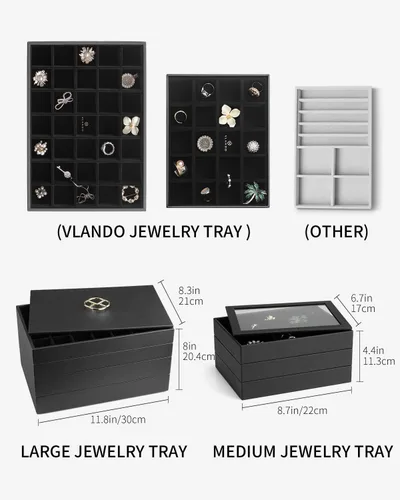 Miniatura 5 de Vlando Bandeja de joyería, caja organizadora de joyas apilable para cajón, aparador de armario, collar, aretes, anillos, pulseras para mujeres