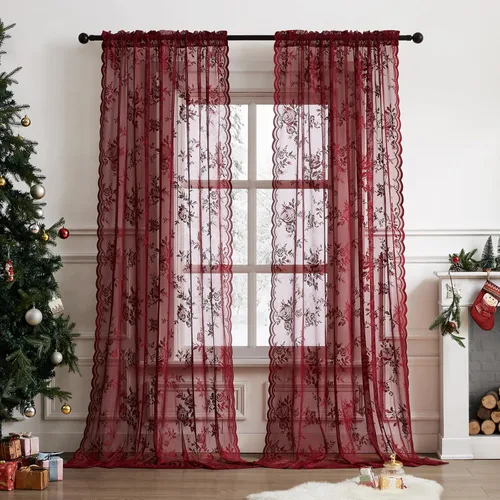 Miniatura 55 de SEEKRIGHT - 2 paneles de cortinas traslúcidas de encaje negro, cortinas góticas florales, cortinas victorianas con bolsillo para cortinero