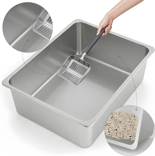 Miniatura 3 de Kirecoo - Caja de arena para gatos de acero inoxidable, bandeja de arena para gatos pequeña de metal con lados altos, bandeja de arena
