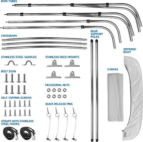 Miniatura 6 de NEH - Bimini Tops de 3 lazos para barcos, postes de apoyo, lona marina 900D a prueba de decoloración, funda de almacenamiento universal para pontón