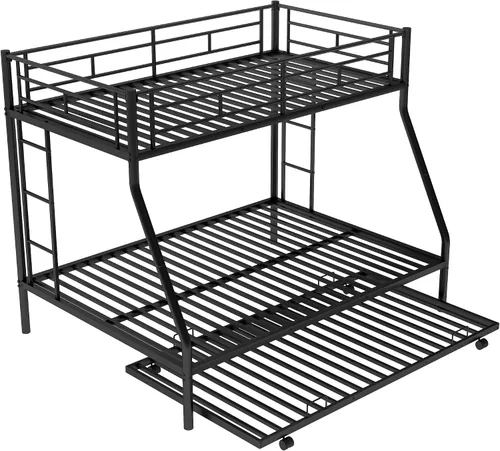 Miniatura 7 de Litera de metal individual sobre cama matrimonial con nido, marco de cama de metal resistente de acero resistente con escaleras de dos lados