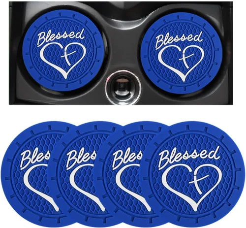 Miniatura 20 de Dickno 2 piezas posavasos para portavasos de automóvil, 2.76 pulgadas cruz bendita y corazón tapete de bebida cristiano, PVC suave antideslizante a