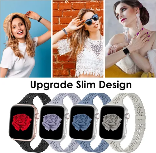 Miniatura 2 de Bandiction - Paquete de 4 correas de silicona de encaje compatibles con Apple Watch de 38mm 40mm 41mm 42mm 44mm 45mm 46mm 49mm, correa delgada