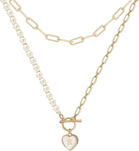 uqvn Collares con inicial de oro para mujeres y niñas 2 capas de eslabones con clip de papel cadena con colgante de corazón para mujeres y niñas