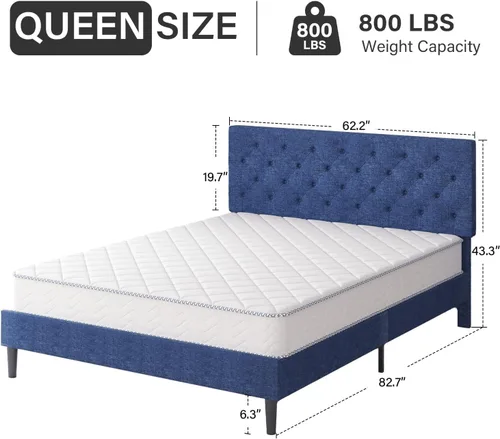 Miniatura 2 de HOMBCK Marco de Cama Queen con Cabecera Capitoné con Botones, Marco de Cama de Plataforma Tapizada Azul, Tela Suave/Soporte de Listones de Madera/No