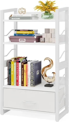 Miniatura 11 de Hosfais Estantería pequeña para libros, estantería de madera de 3 niveles, estantería industrial, estantería estrecha de metal, organizador