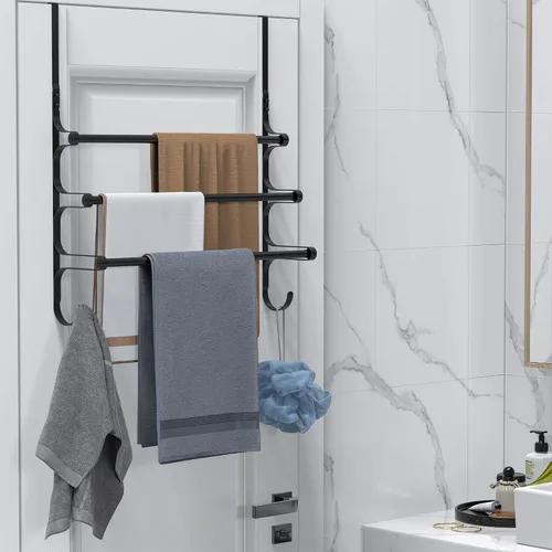 Miniatura 8 de CANYAVE Toallero para colocar sobre la puerta, toallero para puerta de baño, soporte triple para almacenamiento de toallas con ganchos (negro mate)
