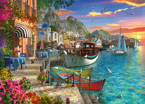 Miniatura 10 de Ravensburger - Grandiosa Grecia - Rompecabezas de 1000 piezas - Impresionante y emocionante amanecer costero sobre la ciudad - Colores llamativos