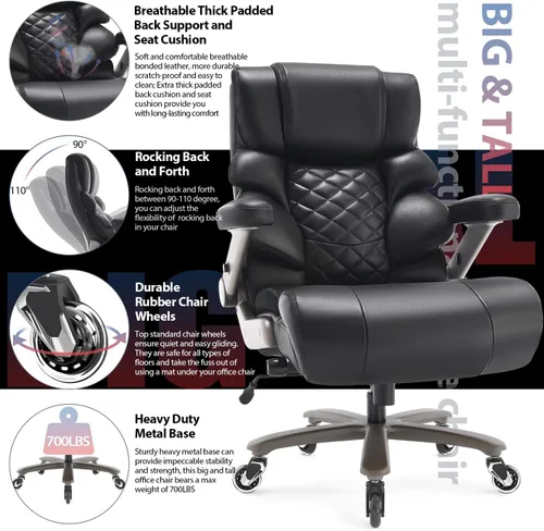Miniatura 4 de Silla de oficina grande y alta de 700 libras, soporte lumbar ajustable, base de metal resistente, ruedas de goma silenciosas, respaldo alto, silla