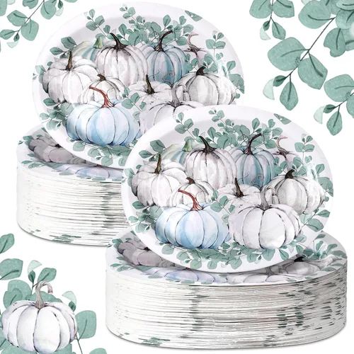Miniatura 7 de Tioncy 100 Piezas Platos Ovalados Desechables de Papel de 10'' x 12'' de Acción de Gracias Platos Ovalados Grandes de Hojas de Otoño Vajilla