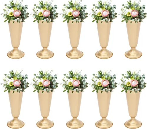 Miniatura 21 de Juego de 10 portavelas de metal dorado de 10.2 pulgadas de alto, florero, arreglo floral, candelabro, candelabro, portavelas para bodas, fiestas